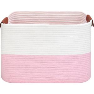 Small Cotton Rope Storage Basket with Leather Handles, 15 "L x 11.5" W x 7.5 "H, Home Decor Basket, Durable & Stylish Organizer for Home.(Small Pink)