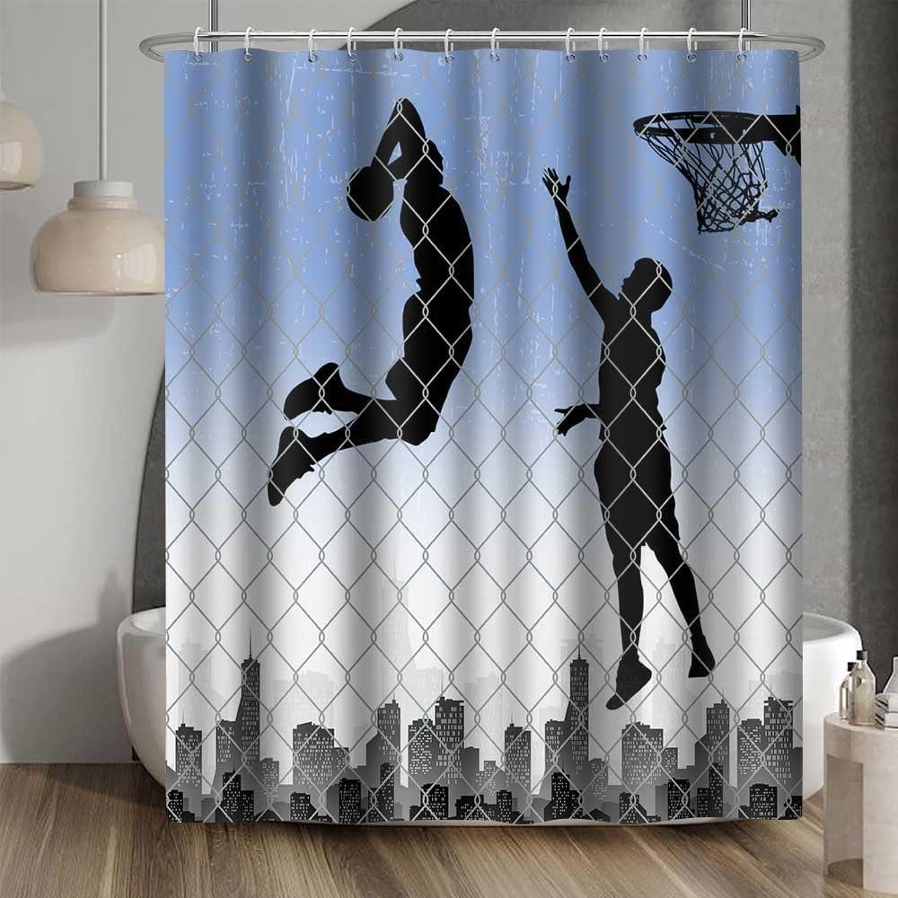 Basketball Shower Curtain, Boys Playing Basketball in The City Street Teen Bathroom Curtains Decor 60x72 Inches Polyester Fabric Sports Bathtub Home Decor Set with 10 Hooks