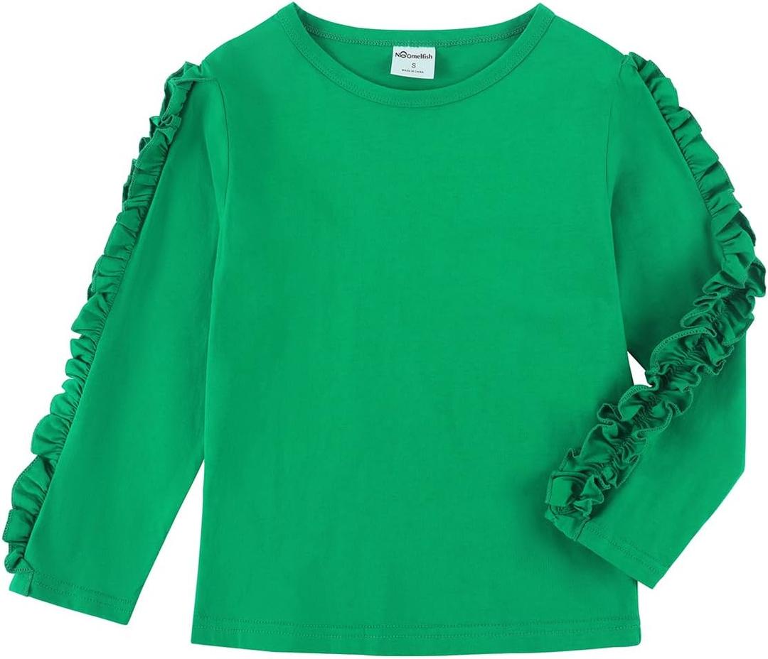 Noomelfish Girls Ruffle Long Sleeve T-Shirts Solid Color Tee Tops Blouse (5-12 Years) (Red, XL)