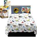 Jurassic World Bedding Set Full Size Bed - Bundle with Dinosaur Flat Sheet, Fitted Sheet, and Pillowcases for Full Bed Plus Stickers, More | Jurassic World Bedding for Boys