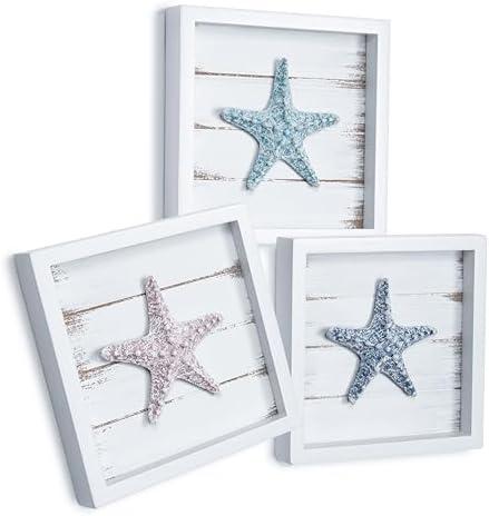 Tide and Tales 3D Starfish Wall Art (Framed Set of 3) Coastal Theme Wall Hanging Decoration for Bathroom or Tropical Bedroom, Ocean Inspired Seashell Decor for Home or Beach House (7"x 7")