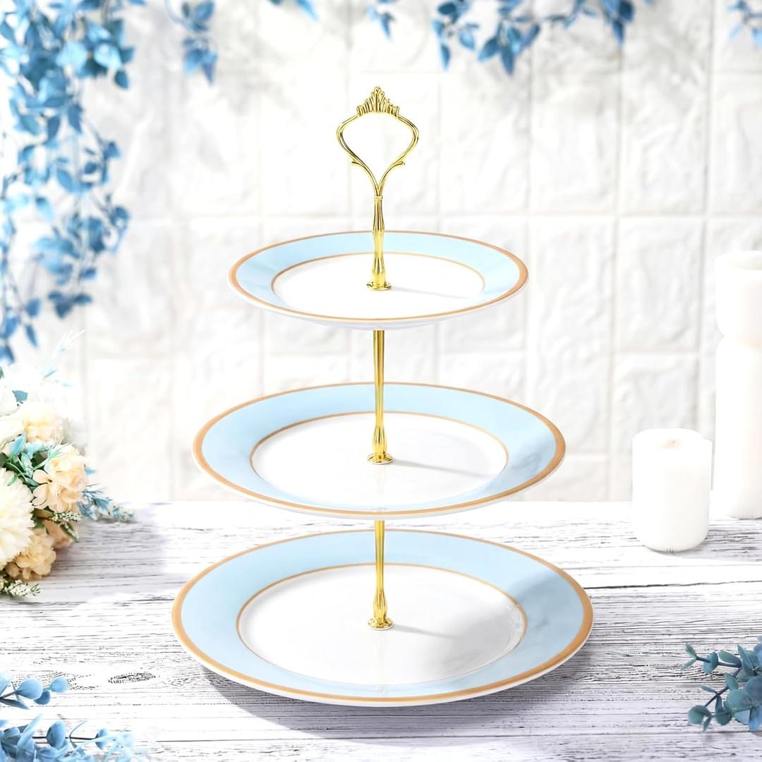 CHENGU 3 Tier Cupcake Stand Blue Ceramic with Gold Frame, 10" 9" 7" Dessert Tower for Baby Shower Birthday Wedding Tea Party, Tiered Cake Holder Display for Cupcakes Pastries Fruits