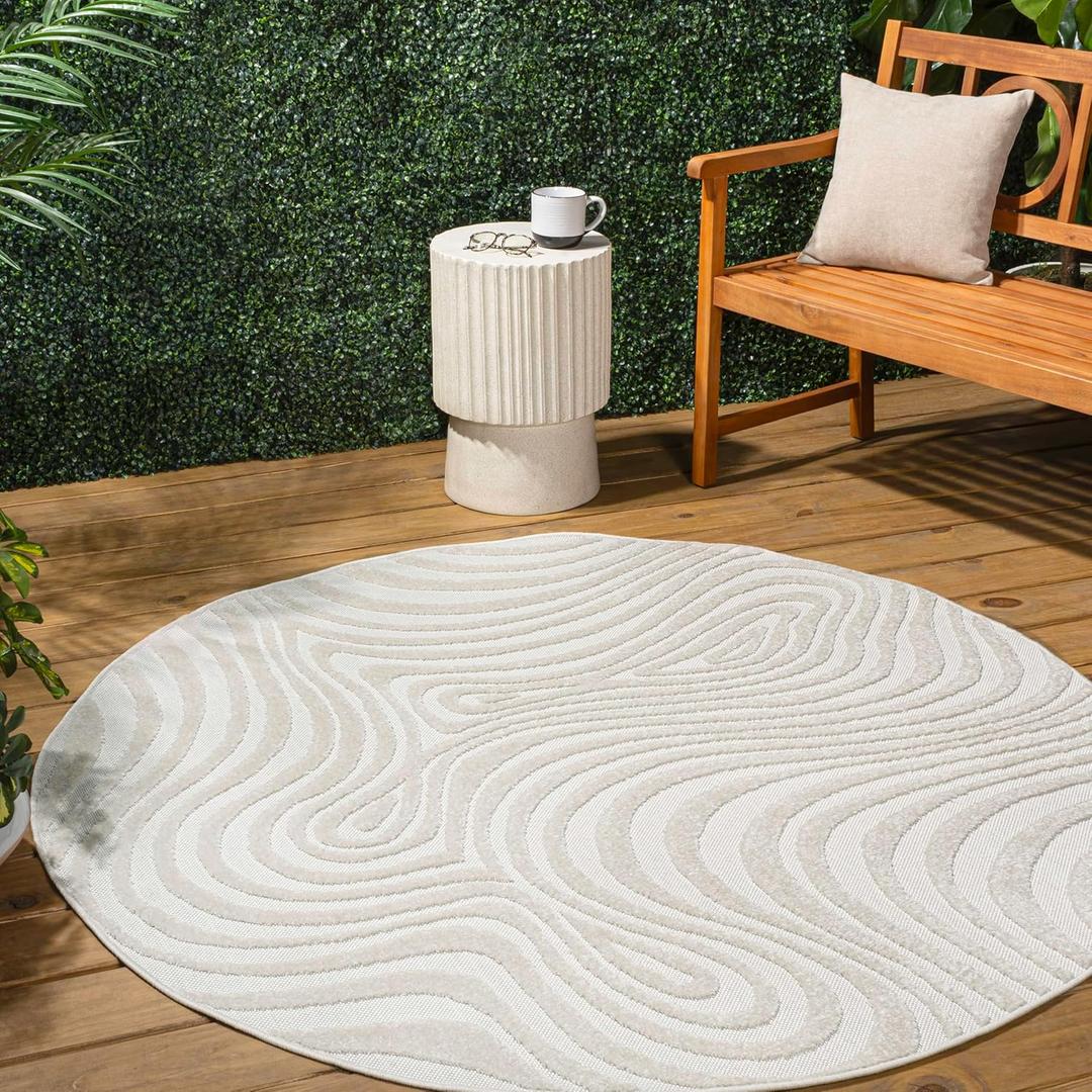 JONATHAN Y Maribo High-Low Abstract Striped Cream/Ivory 8' Round Indoor/Outdoor Area Rug, Pet Friendly, Non-Shedding, Stain Resistant, Easy-Cleaning for Backyard, Patio, Porch (SCN103A-8R) (7'9" (Round))