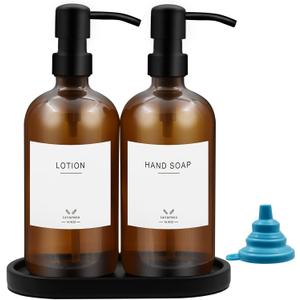 Dish Soap Dispenser Set with Stainless Steel Pump, Kitchen Soap Dispenser Set, Glass Matte Hand and Dish Soap Dispenser Set with Plaster Board Tray for Kitchen Decor-Style A