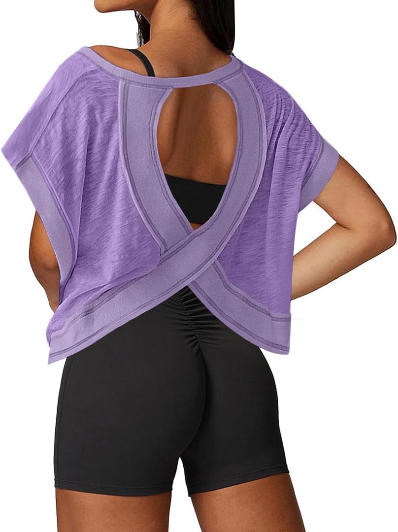 UNIANKIYA Open Back Workout Tops for Women Loose Fit Athletic Crop Tee Short Sleeve Gym Running Yoga Shirt (XL, Purple)