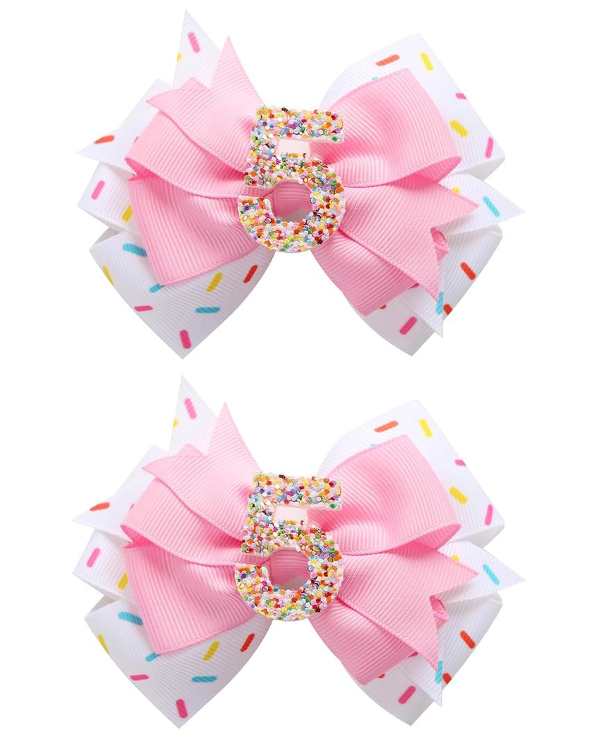 2Pcs Birthday Hair Bow for Baby Girls 2 3 4 5 6 7 Years Sprinkle Decorations Confetti Ice Cream Party Pink Pigtail Hair Accessories for Five 5th Birthday