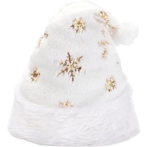 White Plush Christmas Hat Unisex Comfort Santa Hat with Snowflakes (Gold)