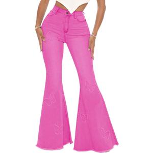 Women's Butterfly Bell Bottom Jeans Elastic High Waisted Embroidered Classic Flareed Jeans Raw Hem Denim Pants with Pocket (XX-Large)