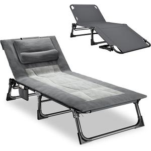 Mopaicot Folding Camping Cot for Adults, Adjustable 4-Position Reclining Chair with Mattress and Pillow, Lounge Chair Camp Cots Bed for Sleeping, Travel, Garden, Pool, or Office Nap (Gray)