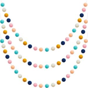 WILLBOND 3 Pieces Wool Felt Rainbow Ball Garland Colorful Pom Pom 6.5 ft Long 24 Ball Garland for Easter Mardi Gras Classroom Halloween Thanksgiving Xmas (Cute Colors)