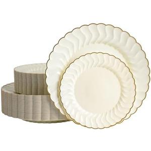 Brolifon 25pcs Ivory Thanksgiving Plastic Plates With Gold Rim, 10in Dinner Plate and 7in Dessert Plate Disposable Elegant Scalloped Plates for Party, Wedding