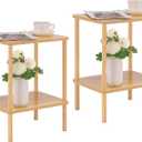 Apicizon 2 Tier End Table Set of 2, Small Side Table with Solid Wood Legs, Boho Bedside Table with Storage Shelf, Nightstand for Small Spaces, Bedroom, Living Room, Entryway, Easy Assembly, Natural