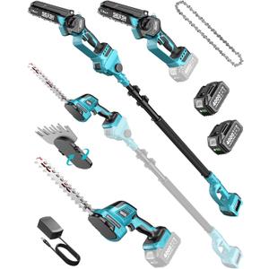 SEESII 6-in-1 Cordless Pole Saw & Hedge Trimmer Combo, Electric Mini Chainsaw with 2×4.0 Ah Batteries, Extendable Tree Pruner, Bush Trimmer Limb Branch Cutter, Grass Shears, 15Ft Long Reach