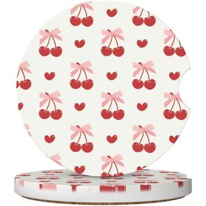 Generic Absorbent Car Coasters for Cup, Ceramic Cork Base Drink Coasters with Finger Notch Auto Accessories 2.56"" - Cute Bow and Cherry, 123654