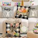 RABUSOFA Easter Pillow Covers 18x18 Inch Set of 4,Easter Decorations for Home Outdoor Decor Waterproof Buffalo Plaid Rabbit Gray Peeps Eggs Bunny Truck Spring Cushion Case for Sofa Couch