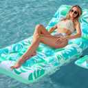 SLOOSH Adjustable Backrest Pool Floats - Tropical Leaves Pool Lounger Floaties Adults with Cup Holders, Inflatable Tanning Float Rafts Chair Beach Lake Lounge Floating Above Water Keep Cool (Cyan)