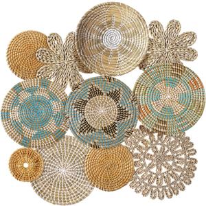 11 Pcs Boho Hanging Wall Basket Decor Handmade Woven Basket Wall Decorative Boho Wicker Baskets Placemats Round Farmhouse Bulrush Art for Rustic Home Decorations Christmas Gift(Bright)