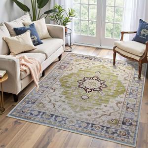 5x7 Area Rugs, Washable Rug, Vintage Rugs for Living Room Bedroom, Non Slip, Stain Resistant, Low Pile, Soft, Foldable Boho Floral Print Rugs for Dining Room, Home Office, Green (5' x 7' (Rectangular))