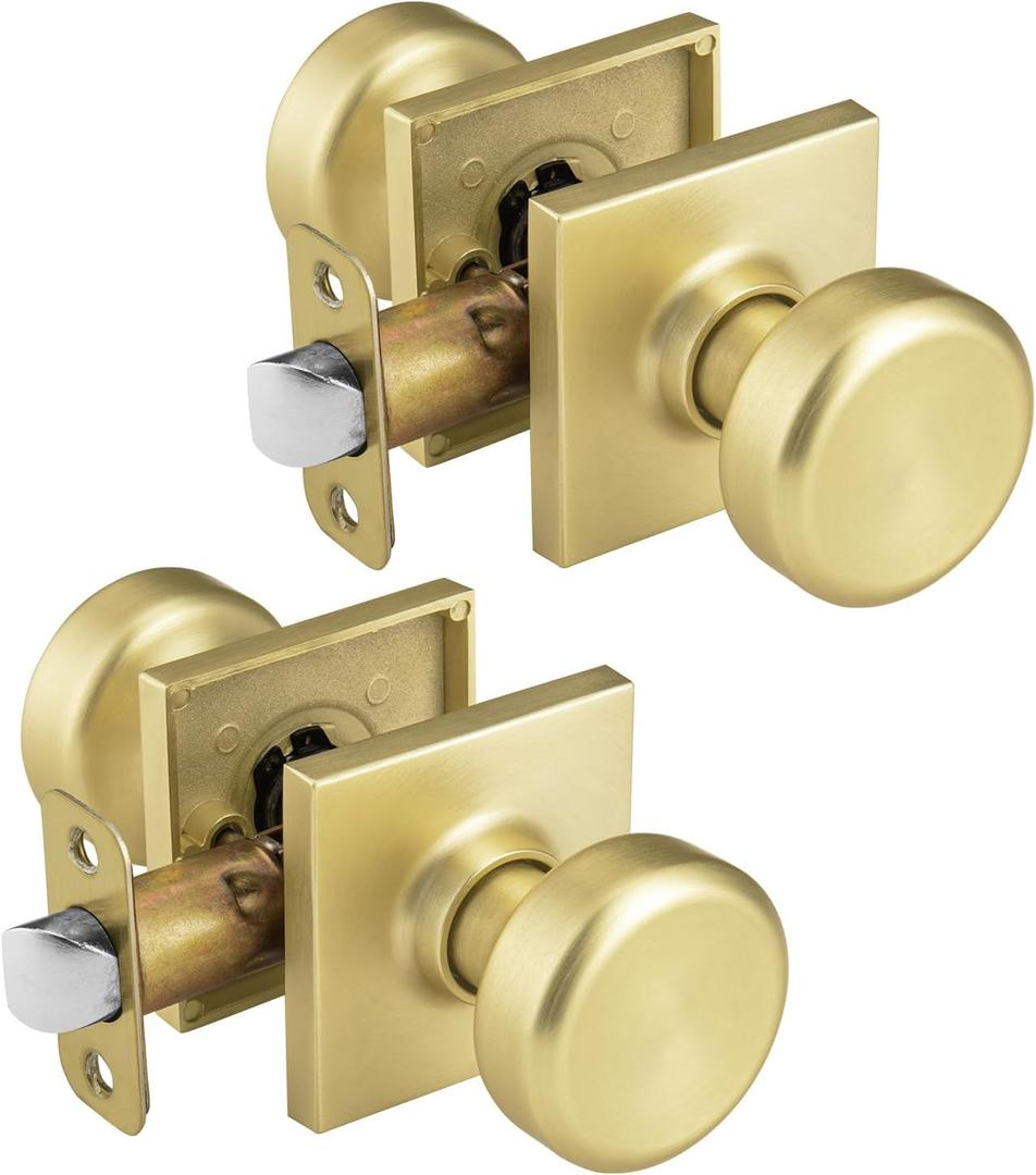2 Pack Gold Interior Door Knobs for Hall & Closet, Pismo Doorknob with Square Rosette, Heavy Duty Passage Door Handle for Satin Brass