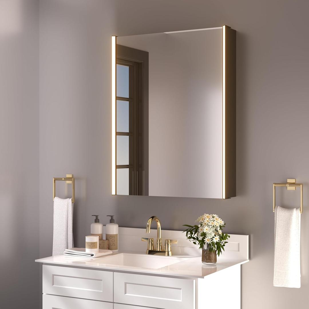 30 x 23-1/4 Inch LED Medicine Cabinet Lighted Bathroom Mirror, Defogger, Stepless Dimmable, 3000K/5500K Color Temperature Wall Mounted, Adjustable Shelf, Black