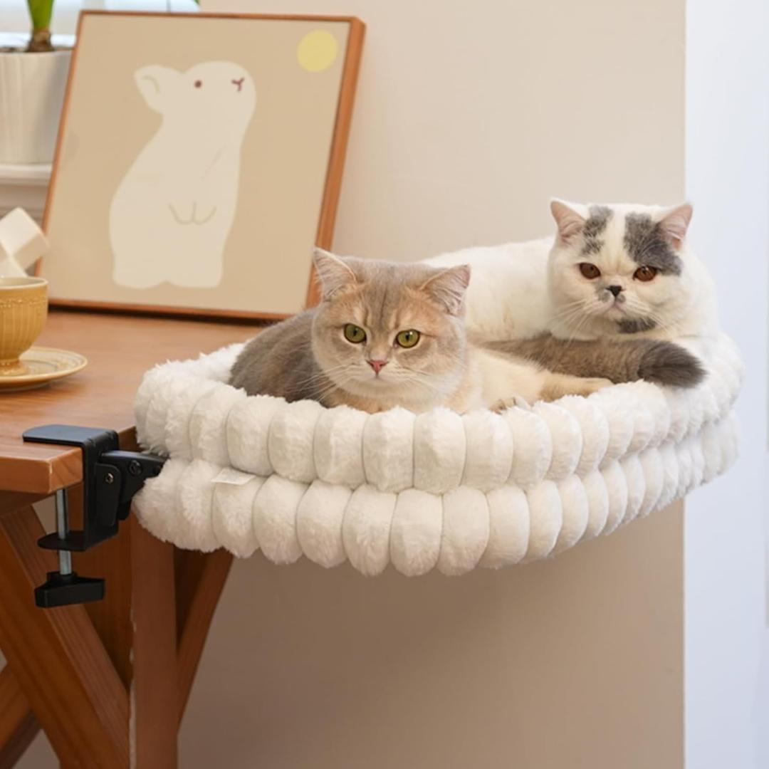 CHEERPALS Cat Desk Bed with Reversible Cushion, 90Foldable Cat Hammock for Desk Mounted, Suitable for Medium-to-Large Cats and Puppy, Clowd Series(White, Large)
