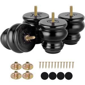 Michanco 3 Inch Black Wood Furniture Legs High Polished Bun Feet for Ottoman Dresser Chair Set of 4 Solid Round