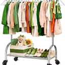 Upgraded 100% Stainless Steel Heavy Duty Clothing Rack, 450 LBS Load Capacity Extendable Adjustable Rolling Clothing Rack with Larger Sturdy Wheels & Shelves, Portable Hanging Closet Rack