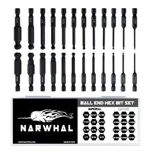 Ball End Hex Allen Wrench Drill Bit Set (24 Pack - Metric & SAE Sizes - Magnetic Tipped) - Hardened CR-MO Steel Hexagonal Bits - Perfect Replacement for Ball End Allen Wrenches & Hex Keys