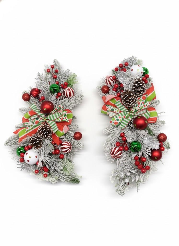 Christmas decorative arrangement with frosted pine branches, pinecones, red berries, ornaments, and a festive red & green bow. ( Pack of 2)
