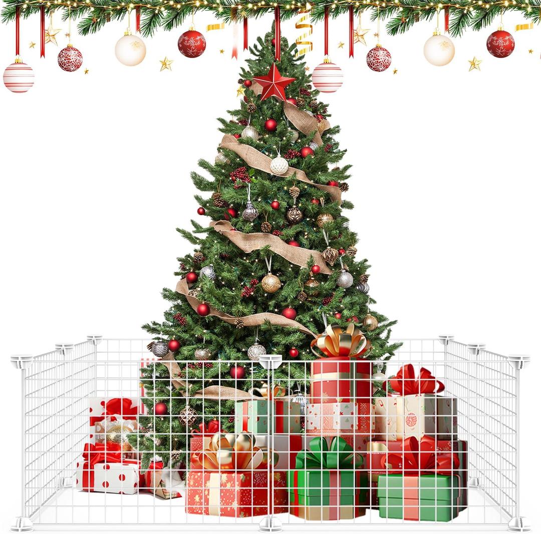 8 Pieces Christmas Tree Fences, 50 * 75Cm/19 * 29Inch Mini Metal Christmas Fence Panels for Protecting The Tree from Pets and Puppy Dogs, White
