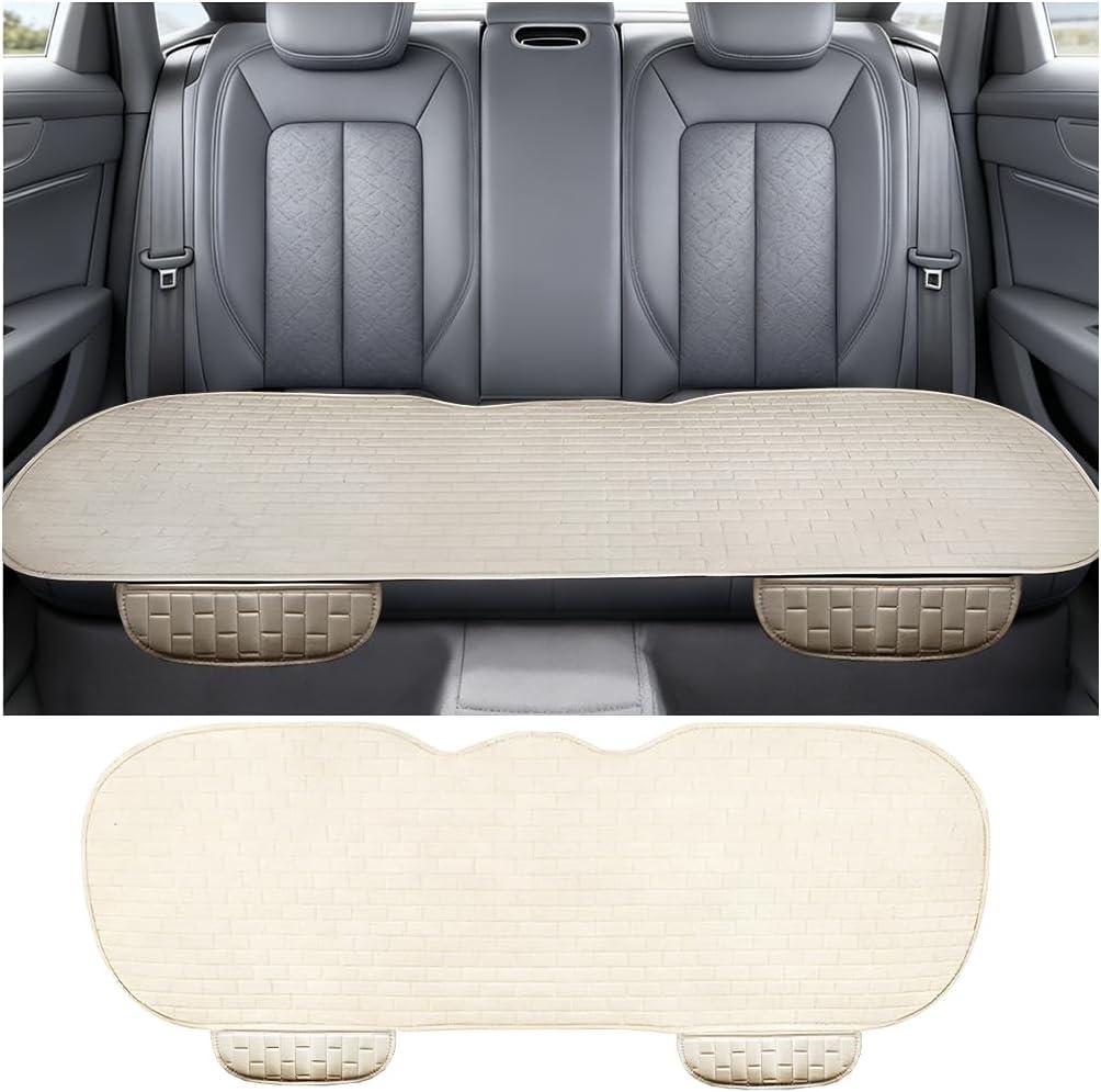 Car Back Seat Cover, Breathable Linen Anti-Slip Vehicle Rear Split Bench Protector with Side Pocket, Auto Backseat Bottom Protection Cushion, Universal for Truck SUV Van (Beige)