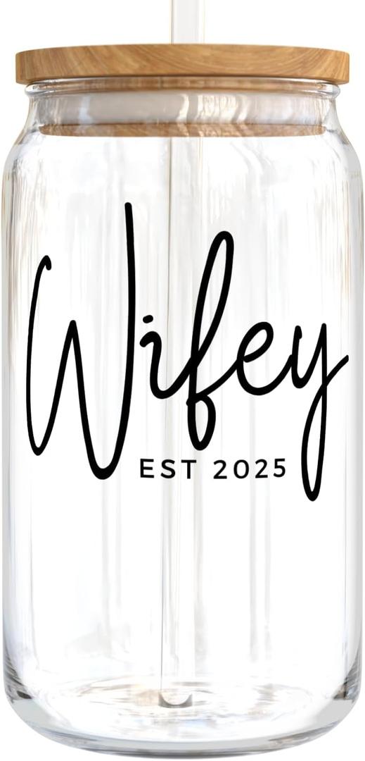 KLUBI Christmas Gift for Bride - Wifey Est 2025 Cup with Straw and Lid Cool Bridal Shower Gifts for Bride To Be Wifey Gifts for Wife Cup Tumbler Mrs Wedding 2025 (Wifey Est 2025 Clear Glass (16 Ounce))