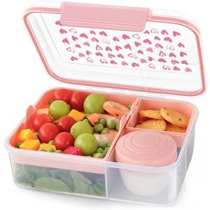 Finorder 5 Compartments Pink Bento Box Multiple Compartments Adults Storage Meal Prep Containers Food Storage Containers With Lids Dishwasher Safe for Picnic All Occasions,56oz with 5-oz Sauce (Rectangle with handle)