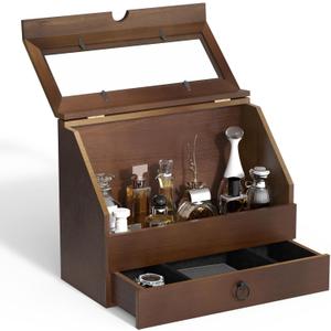 Large Capacity Cologne Storage, Mens Cologne Organizer with Drawer, Black Perfume Stand with Dust-Proof Cover, Wood Perfume Display, Great Gift for Men