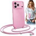 Blaspins Crossbody Lanyard Strap Case for iPhone 17 Pro, Hands-Free Neck Cross Body Wrist, Adjustable Rope Removable, Drop Protection Shockproof Silicone Case 6.3 inch, 150 cm Strap, iP17Pro - Pink