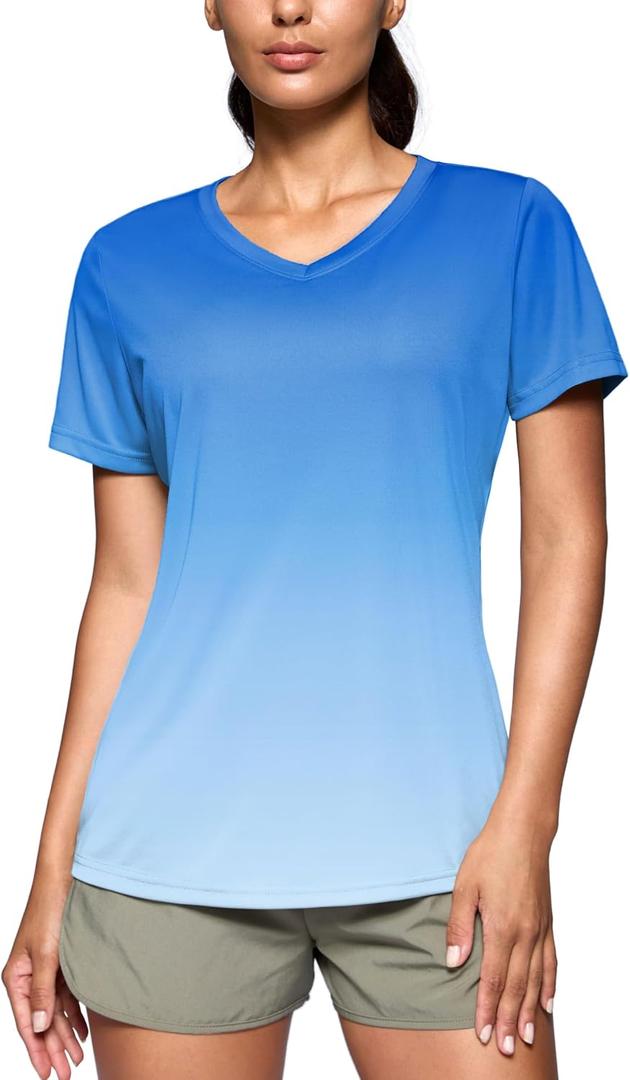 SANTINY Women's V Neck Short Sleeve Shirts Uv Protectioin Moisture Wicking Hiking Workout Athletic T Shirts for Women (Blue, S)
