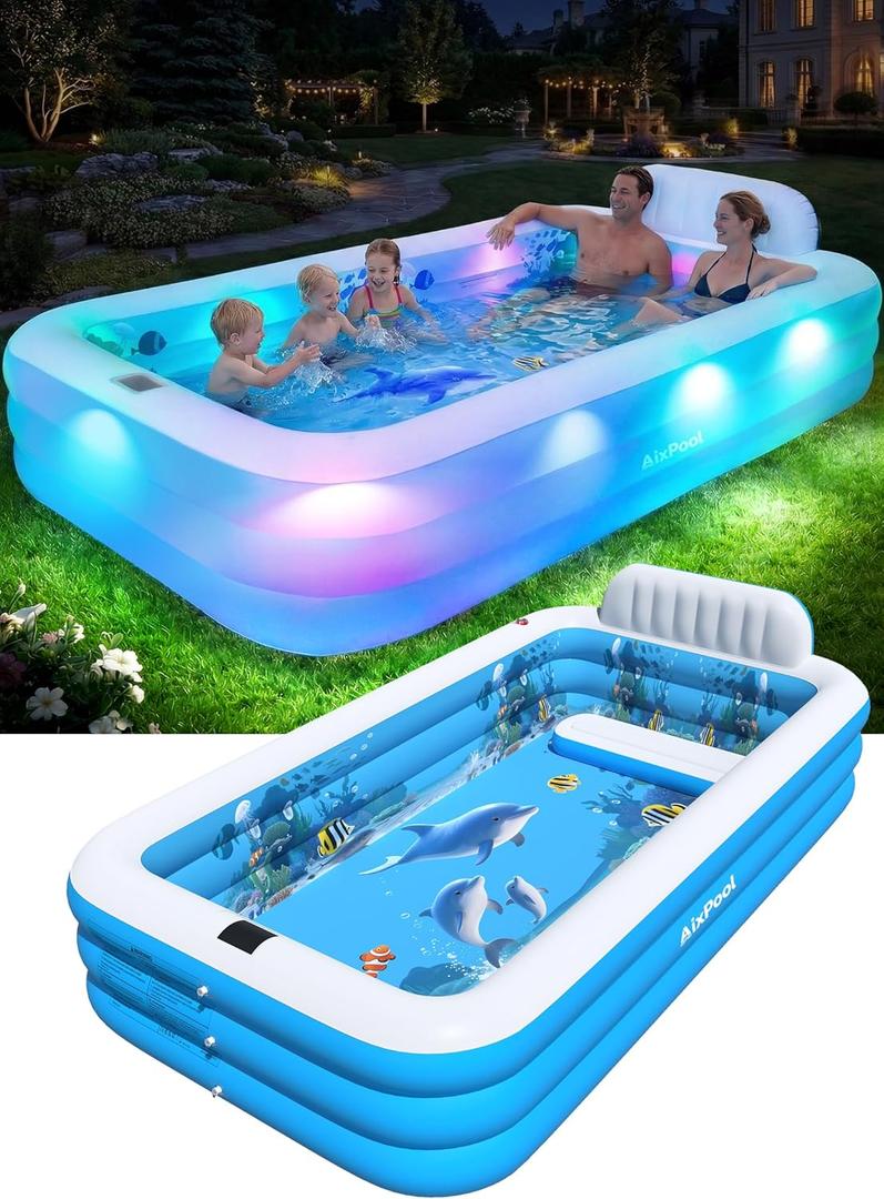 Extra Large Inflatable Pool With Lights,Upgraded Solar Powered Blow Up Pool For Adults,Inflatable Kids Swimming Pool with Seat& Backrest,Big Inflatable Kids Pool For Backyard,120x73x20IN-White