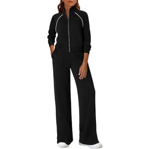 PRETTYGARDEN Womens 2 Piece Outfits Sweatsuits 2026 Fall Full Zip Sweatshirts Workout Pants Matching Lounge Sets Tracksuits (Medium, Black)
