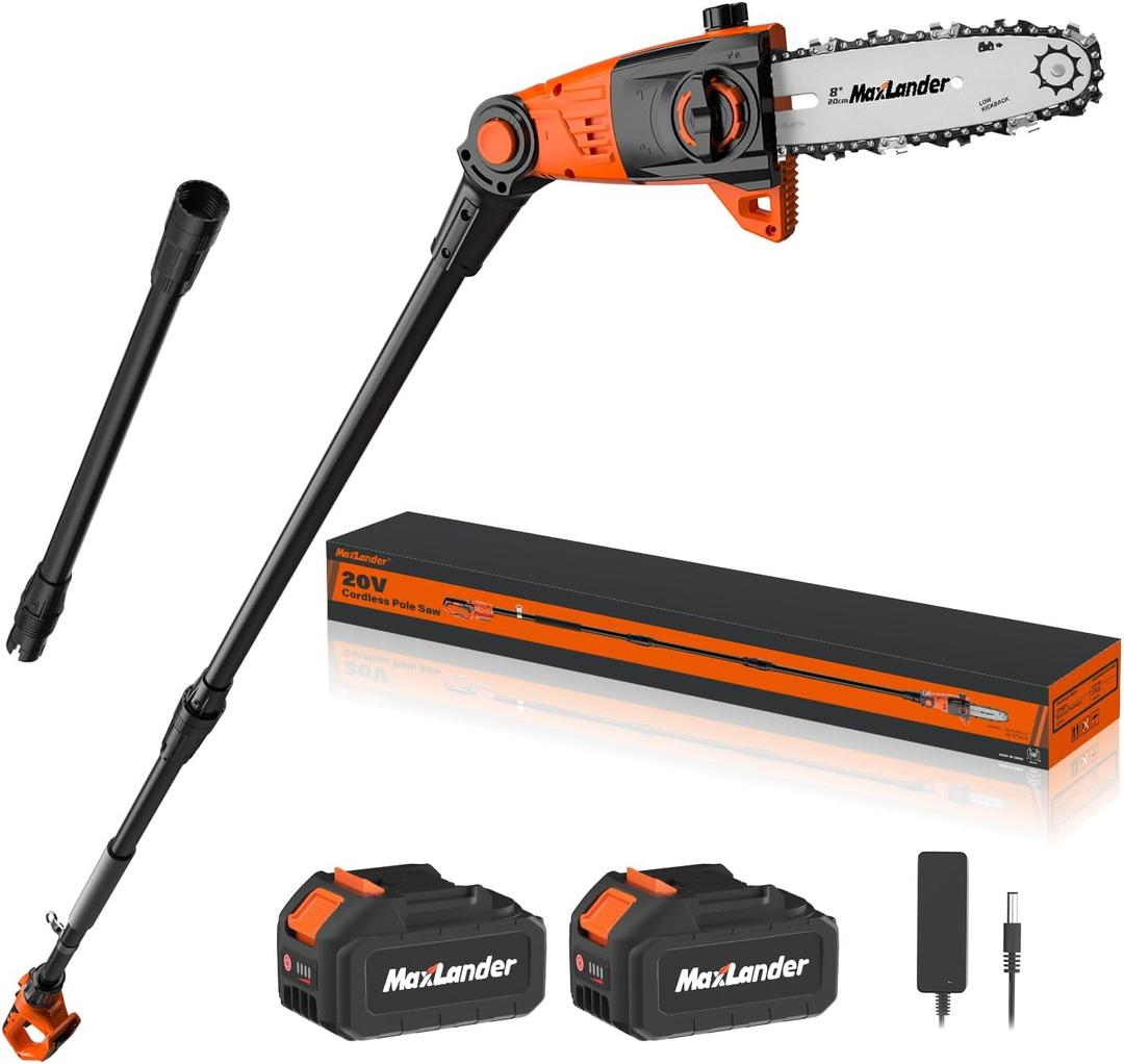 8 Inch Cordless Pole Saws, 20V Electric Pole Saw for Tree Trimming with 2 x 3.0Ah Battery & Charger, 16ft/s Cutting Speed Auto Oiling Multi-Angle Pole Chainsaw,15-Feet Maximum Adjustable Reach (Black)