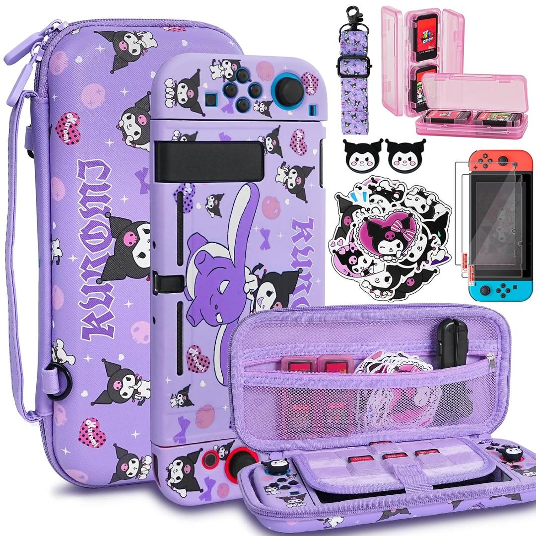 TIKOdirect Carrying Case for Switch, Cute Portable Bag Accessories with Soft Protective Case, Screen Protectors and Thumb Grip caps, Game Card Case 7in1, Purple K