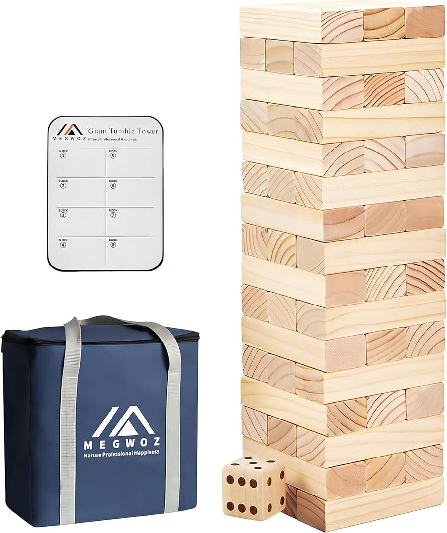 Megwoz Giant Tumble Tower Family Games for Kids and Adults 60 Blocks New Zealand Pine Wooden Blocks Stacking Up to 5 FT for Indoors Outdoors Yard Games for Family