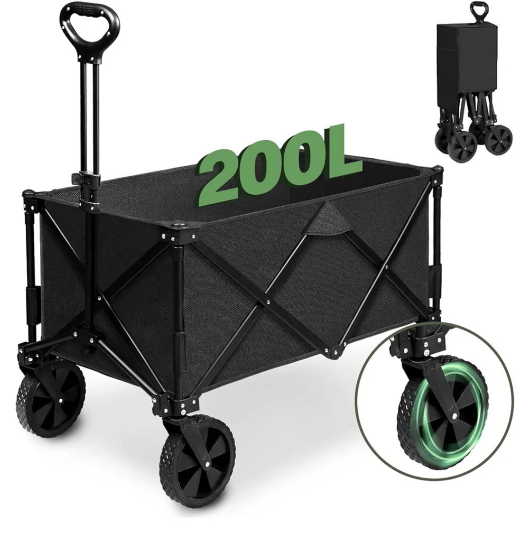 SLZB Wagons Carts Foldable, 200L Large Capacity Lounge Wagon,All Terrain Wagon Used as Beach Wagon,Grocery Cart,Garden Cart,Sports Wagon and Camping Wagon (Black)