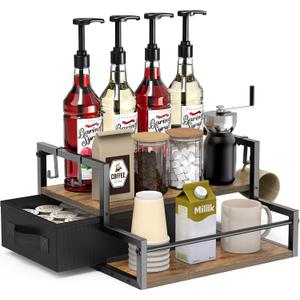 Coffee Syrup Organizer for Countertop, 2-Tier Coffee Bar Organizer with K Cup Storage Drawer, Syrup Rack Station for Accessories, Table Holder Stand for Wine,Tea,Condiment (Rustic Brown)