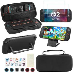 YOOWA Accessories Kit for Nintendo Switch 2 2025 - Sturdy Accessories Bundle for NS 2 with Carrying Case, dockable cover case, 2 Pack Tempered Glass Screen Protector, 6 Thumb Grips - Black