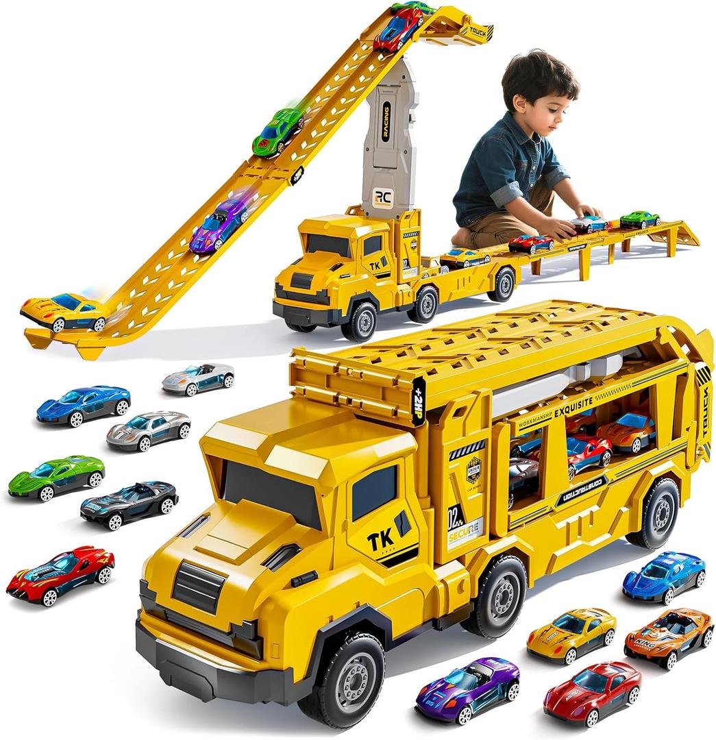 Truck Toys for Kids, Transport Vehicle with 12 Die-Cast Car, Double Race Car Track Cars Ramp Toy, Carrier Truck for Toddler 3-5, Christmas Birthday Gift for 3 4 5 6 7 8 Years Old Boys Girls (Yellow)