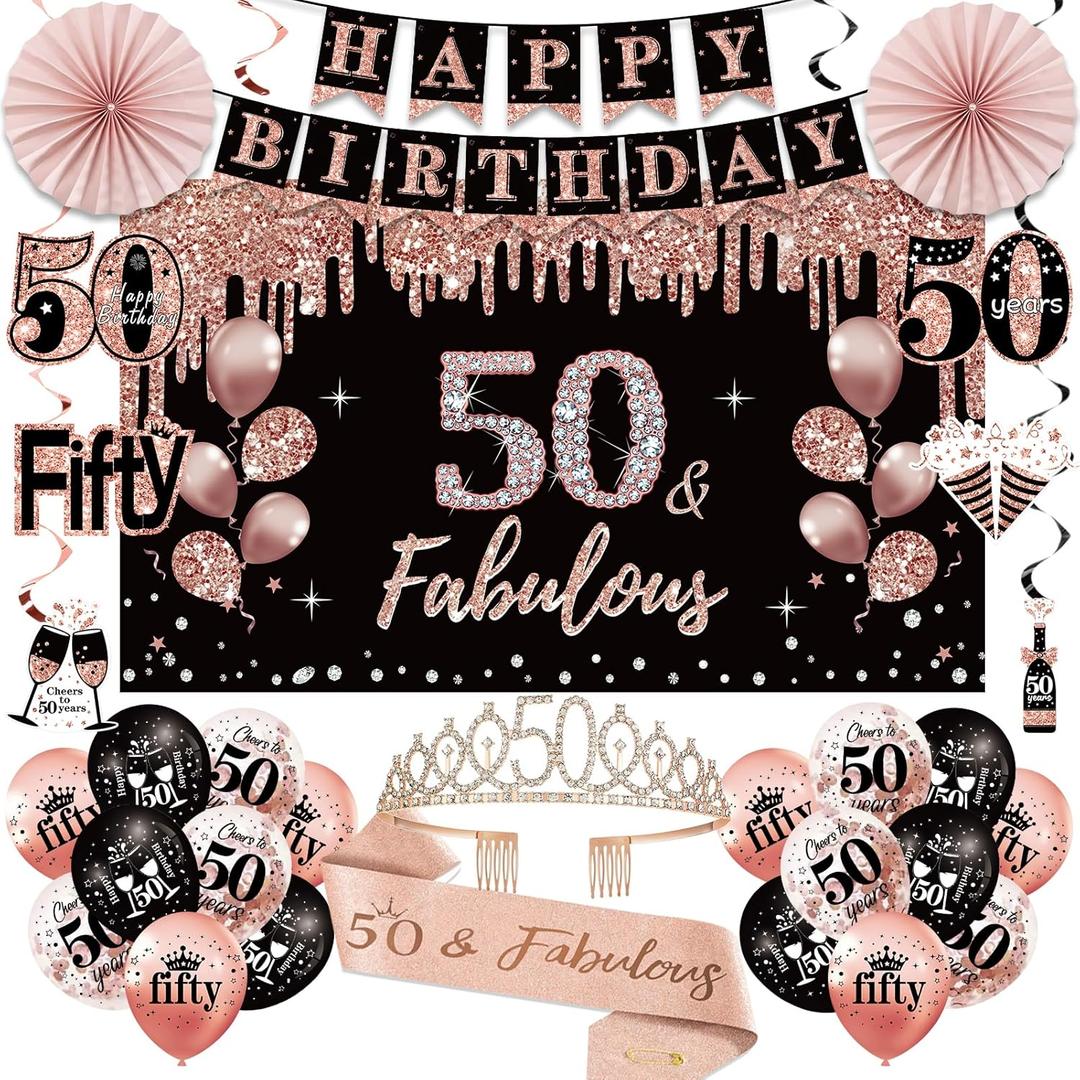 50th Birthday Decorations for Women, 33pcs 50th Birthday Crown and Sash, Black Rose Gold Happy 50th Birthday Banner Balloons Backdrop Hanging Swirls Paper Fans, 50 Years Old Birthday Decorations Kit