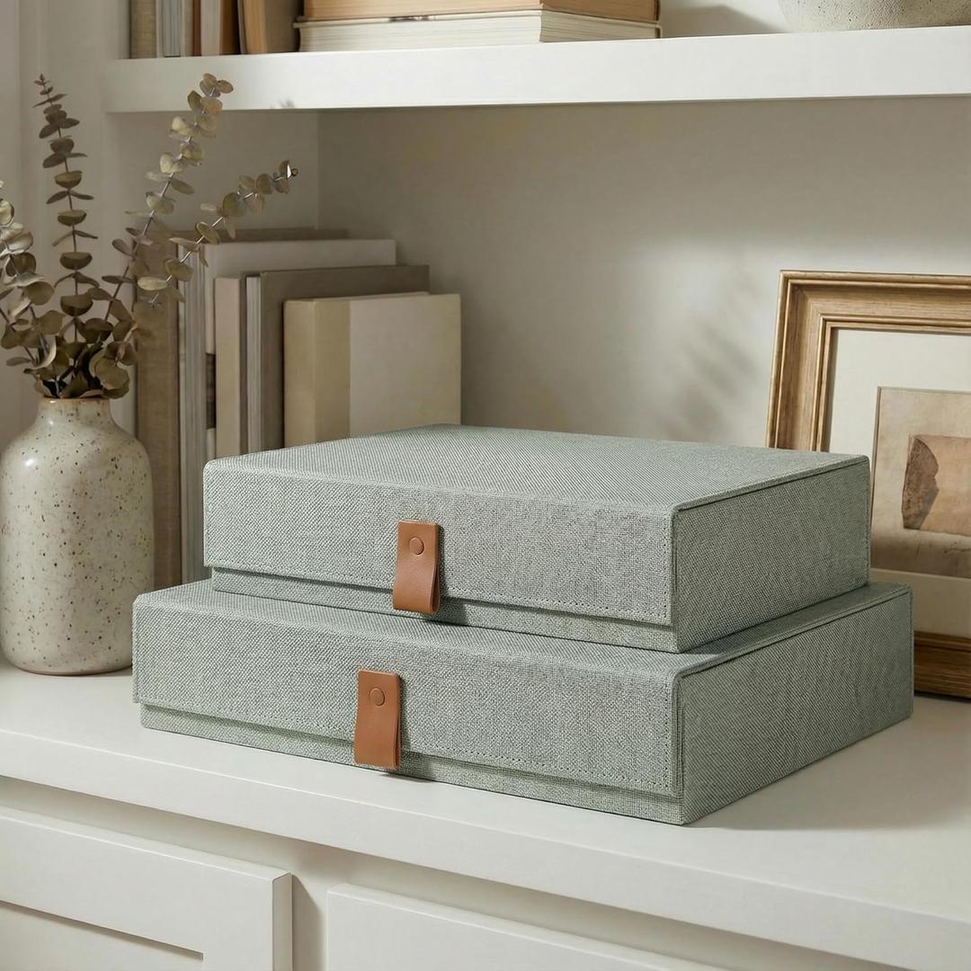 ZICOTO Decorative Photo Storage Boxes with Lids - Set of 2 Beautiful Linen Organizers Are Perfect to Safely Store Your Pictures, Documents, Scrapbooking Supplies, Keepsakes and Other Memories in Style (Sage)