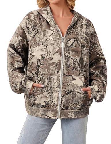 Anoumcy Oversized Zip Up Camo Hoodie Womens Mens Maple Leaf Fleece Hooded Sweatshirt Camouflage Hoodies For Women Brown, Small