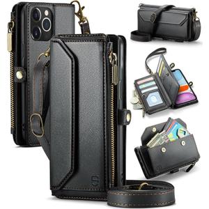 Strapurs Wallet Case Compatible with iPhone 11 Pro Max RFID Blocking 10-Card Holder Soft PU Leather Magnetic Snap Shoulder Strap Zipper Pocket Phone Case Fit for iPhone 11 Pro Max - Black