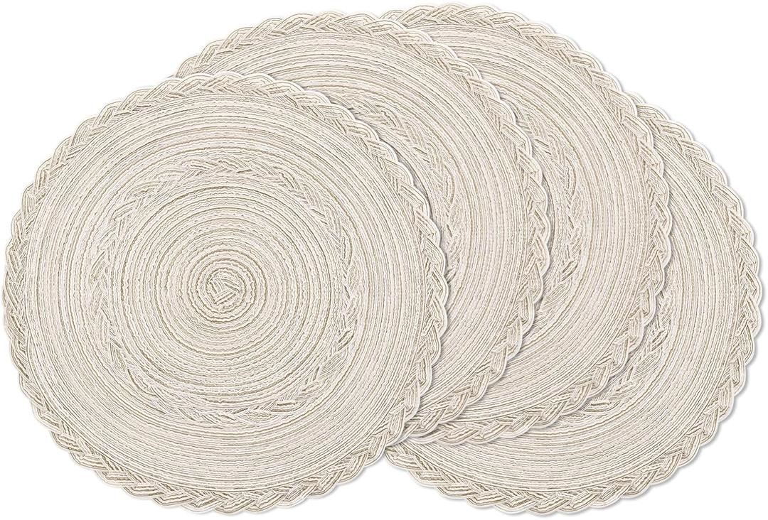 SHACOS Round Placemats Set of 4 Boho Braided Border Table Place Mats for Dining Table Wedding Holiday Party (Ivory Bordered, 4)